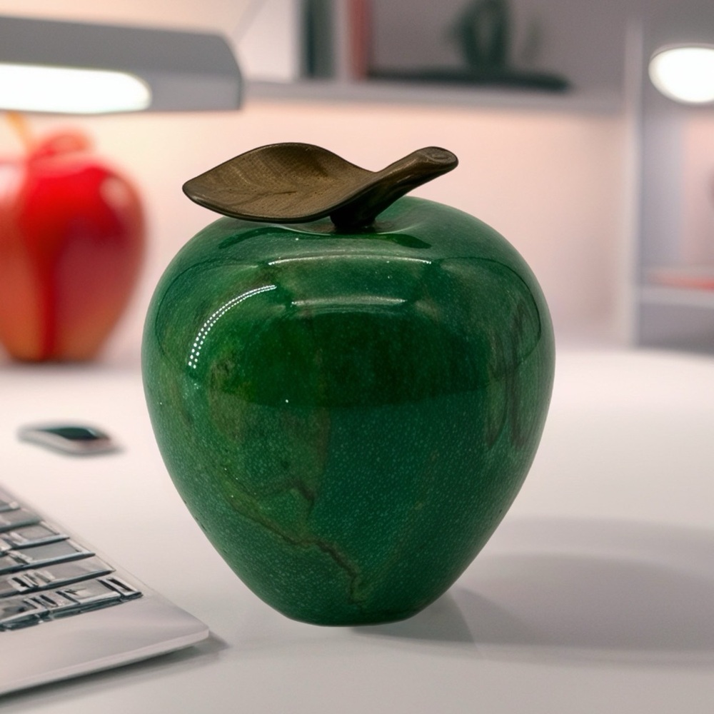 MCM Marble Stone Green Apple PAPERWEIGHT / FIGURINE - w/ Brass Leaf